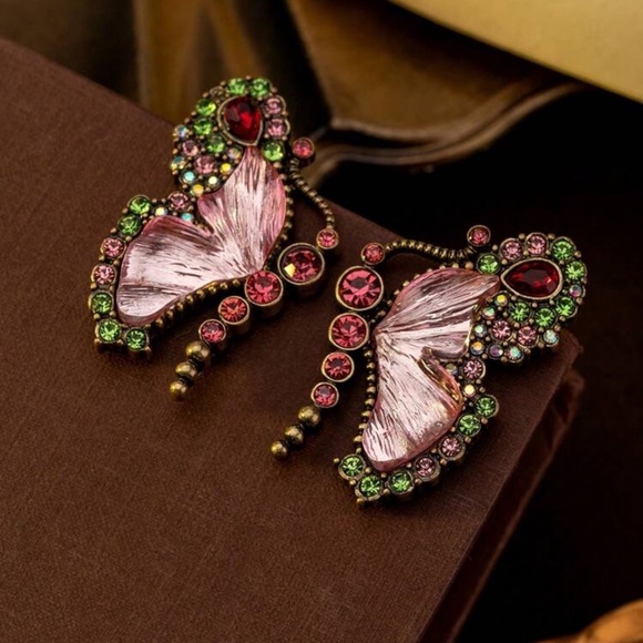 Vintage Butterfly Statement Earrings - Pink, Green & Red Crystal Accents - Picture 8 of 8